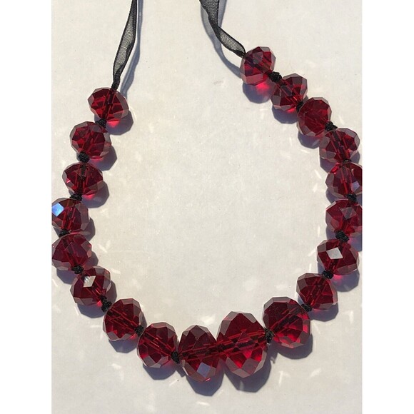 Red  Faceted Crystal Black Ribbon Hand Knotted 34”  Stunning Necklace - Picture 2 of 5
